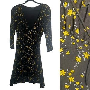 Miss Selfridge Wrap Dress Long Sleeve Black Yellow Micro Floral Sz 10 Fairy 90s